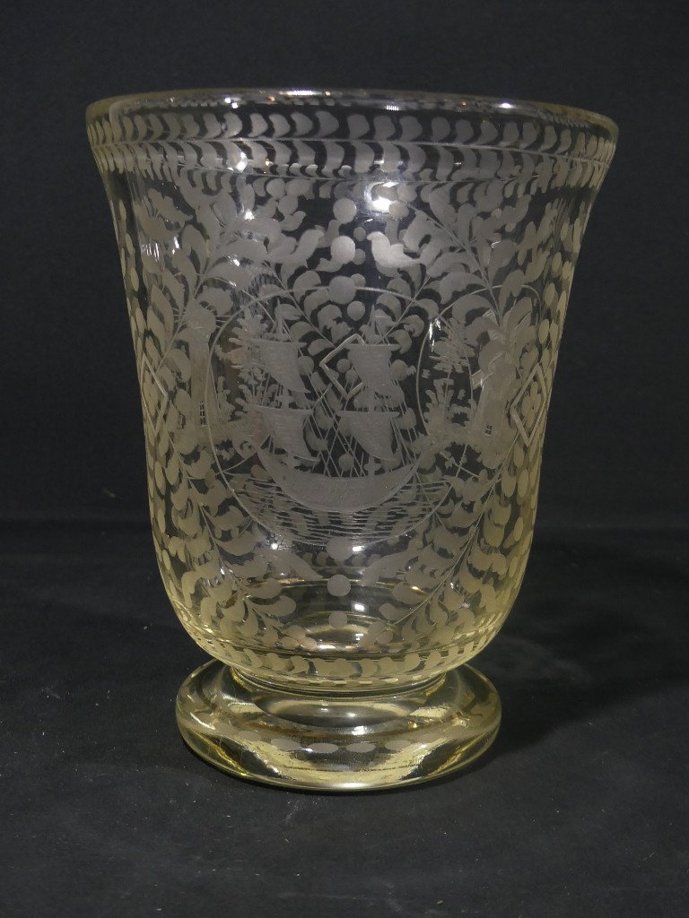 Dutch Etched Glass Vase, Boat, Mill And Lighthouse, Netherlands, 19th Century-photo-1