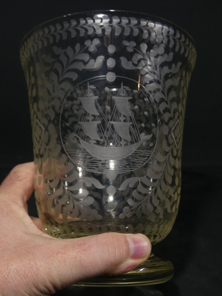 Dutch Etched Glass Vase, Boat, Mill And Lighthouse, Netherlands, 19th Century-photo-5