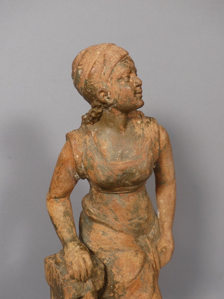 Jeune Femme Algérienne à La Cruche, Sculpture Terre Cuite Datée 1914 Et Signée L Maltese-photo-2