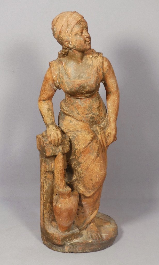 Jeune Femme Algérienne à La Cruche, Sculpture Terre Cuite Datée 1914 Et Signée L Maltese