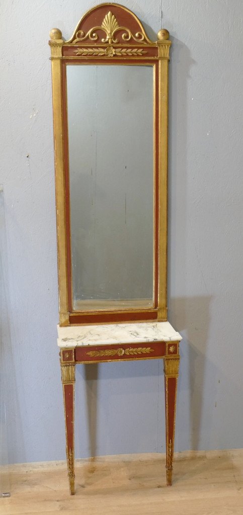 Console And Its Empire Style Between-two Mirror In Lacquered Wood, Italy, Early 20th Century 