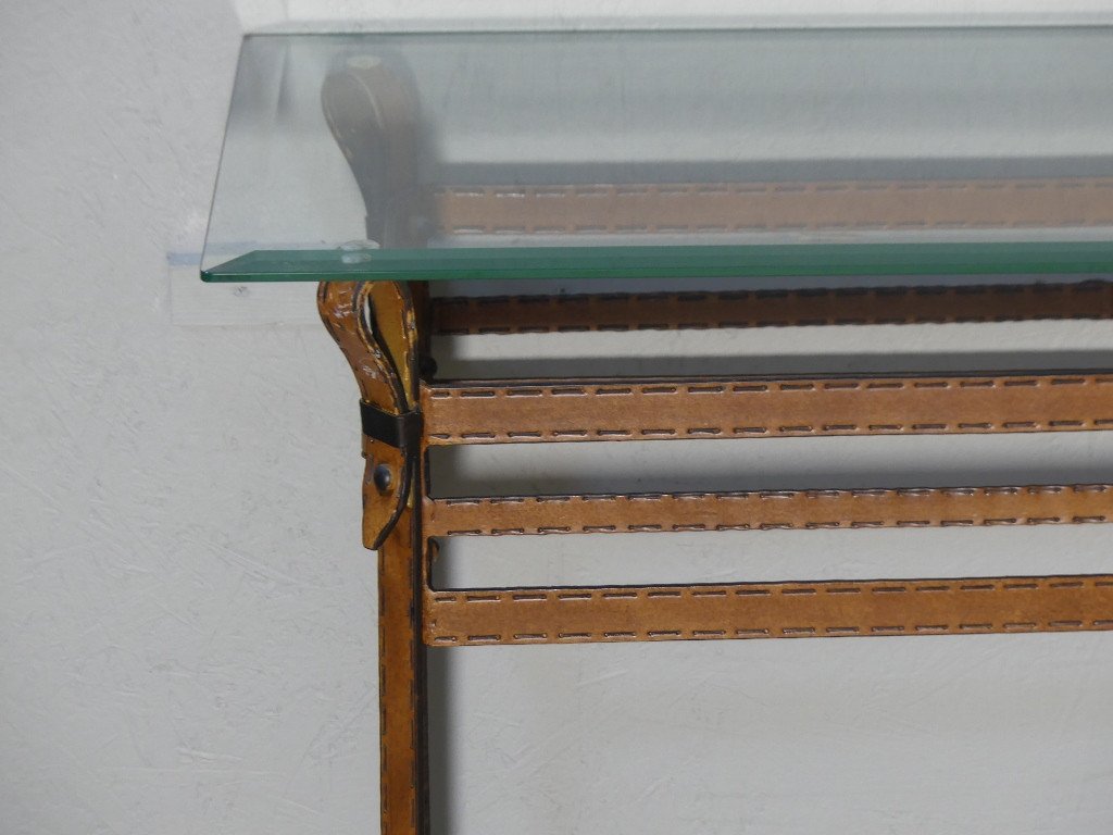 Vintage Console Table In Iron And Sheet Metal With Leather Effect In The Style Of Adnet Or Ryckaert, Circa 1980-photo-3