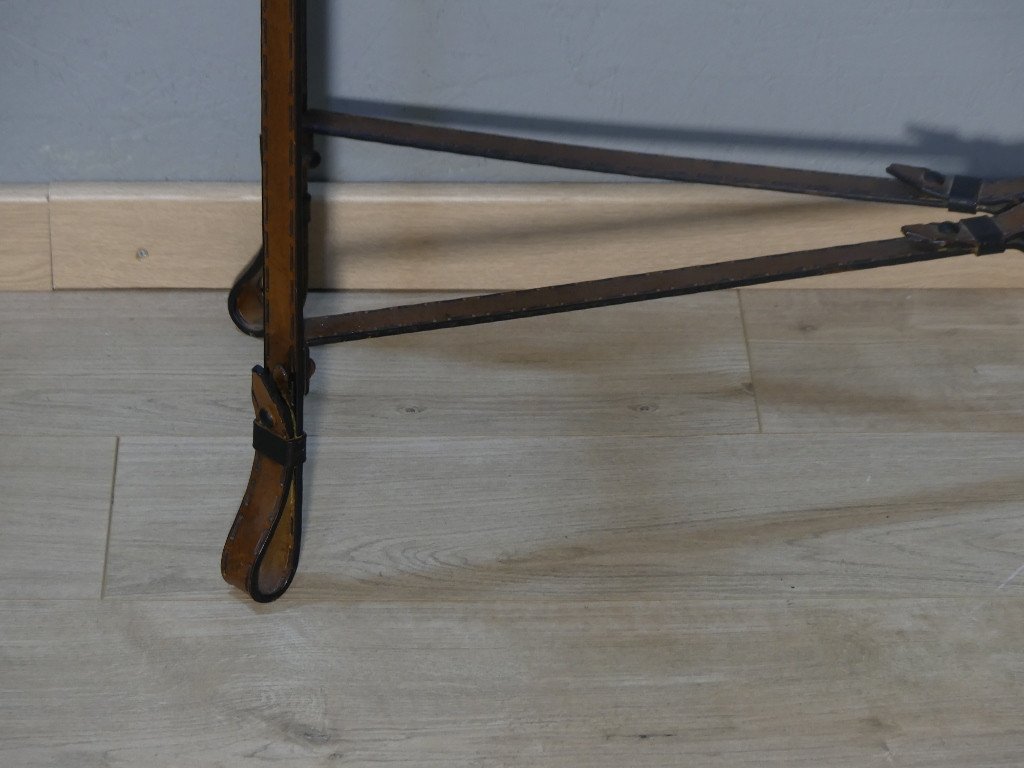 Vintage Console Table In Iron And Sheet Metal With Leather Effect In The Style Of Adnet Or Ryckaert, Circa 1980-photo-4