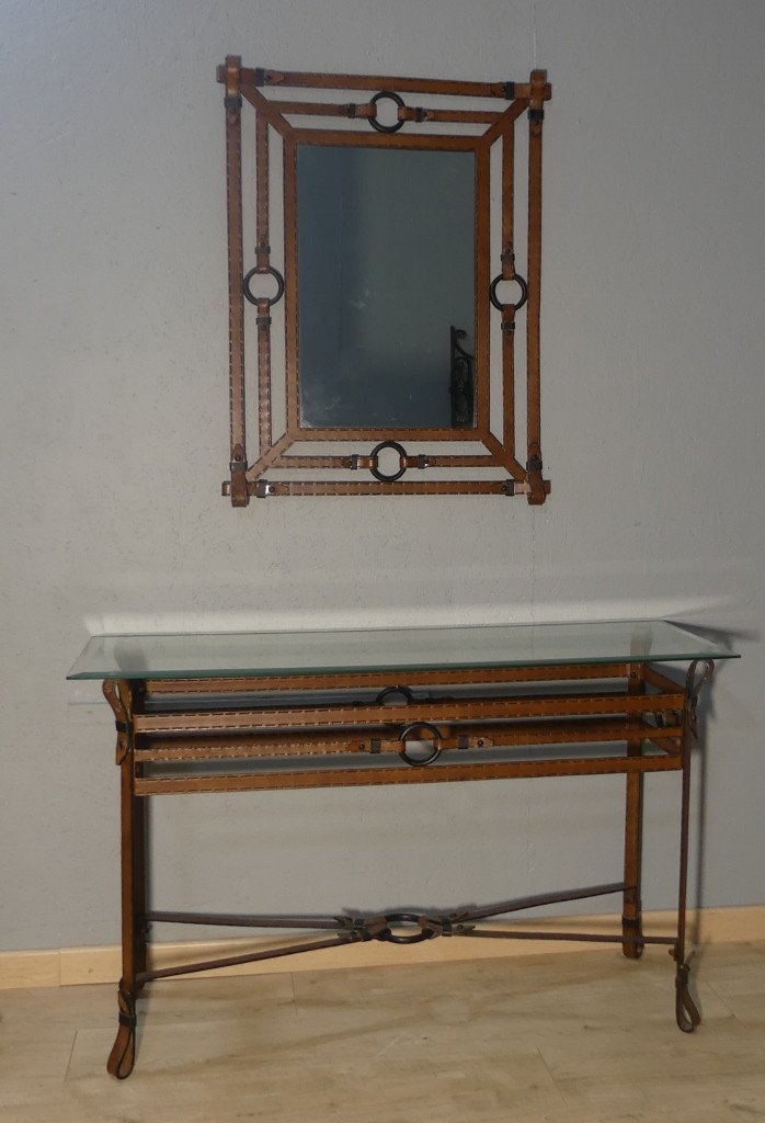 Vintage Console Table In Iron And Sheet Metal With Leather Effect In The Style Of Adnet Or Ryckaert, Circa 1980-photo-1