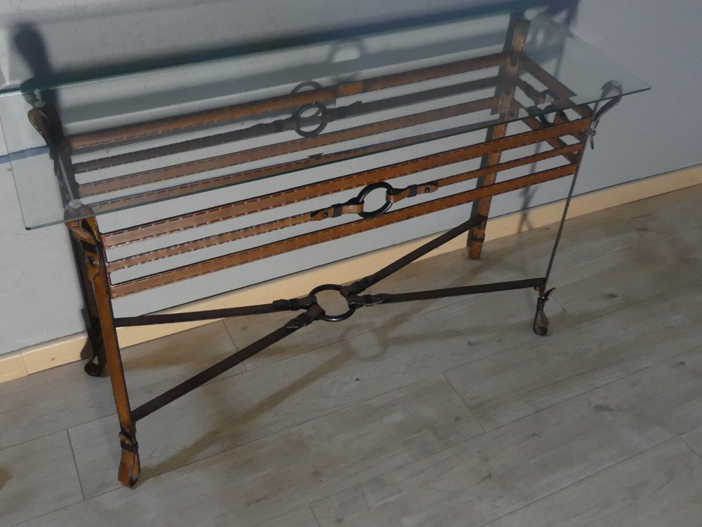 Vintage Console Table In Iron And Sheet Metal With Leather Effect In The Style Of Adnet Or Ryckaert, Circa 1980-photo-4