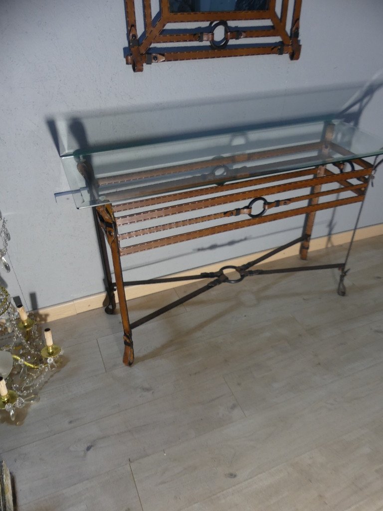 Vintage Console Table In Iron And Sheet Metal With Leather Effect In The Style Of Adnet Or Ryckaert, Circa 1980-photo-5