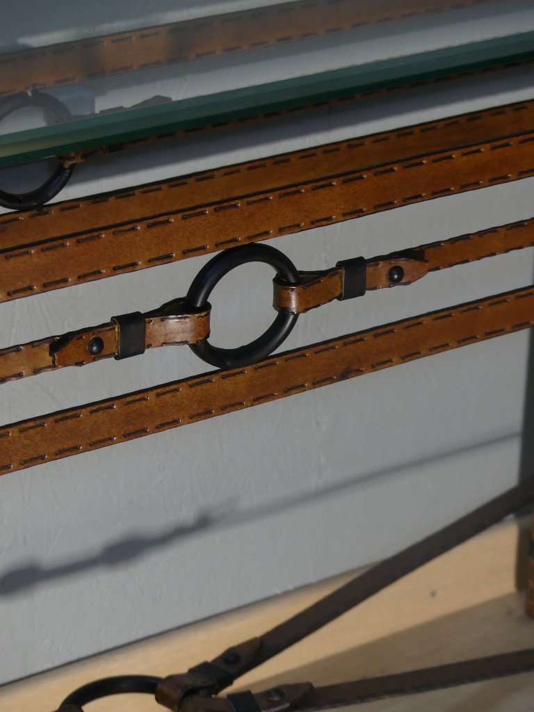 Vintage Console Table In Iron And Sheet Metal With Leather Effect In The Style Of Adnet Or Ryckaert, Circa 1980-photo-7