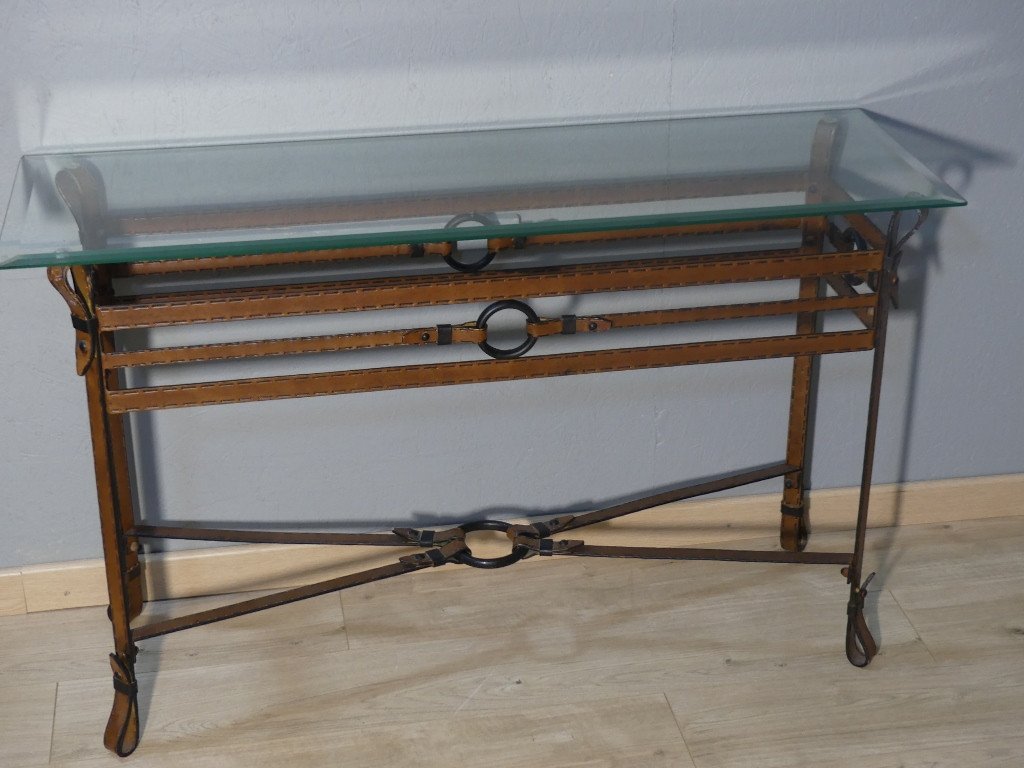 Vintage Console Table In Iron And Sheet Metal With Leather Effect In The Style Of Adnet Or Ryckaert, Circa 1980