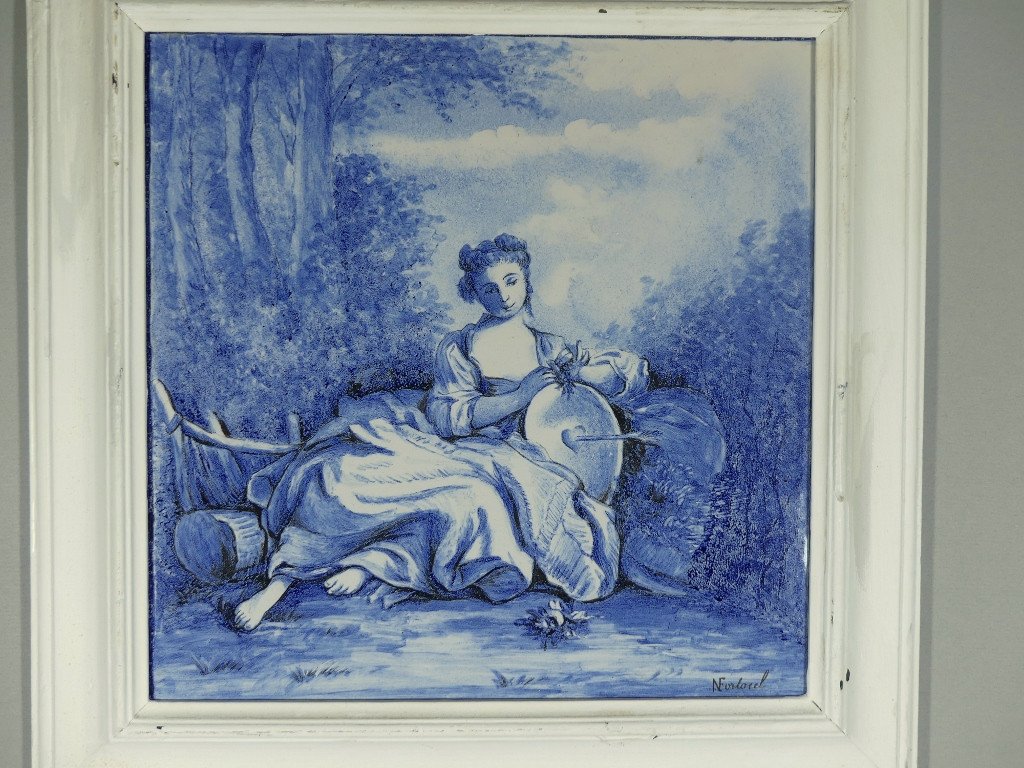 Blue And White Ceramic Painting After Boucher In The Style Of Delt Or Azulejos-photo-2