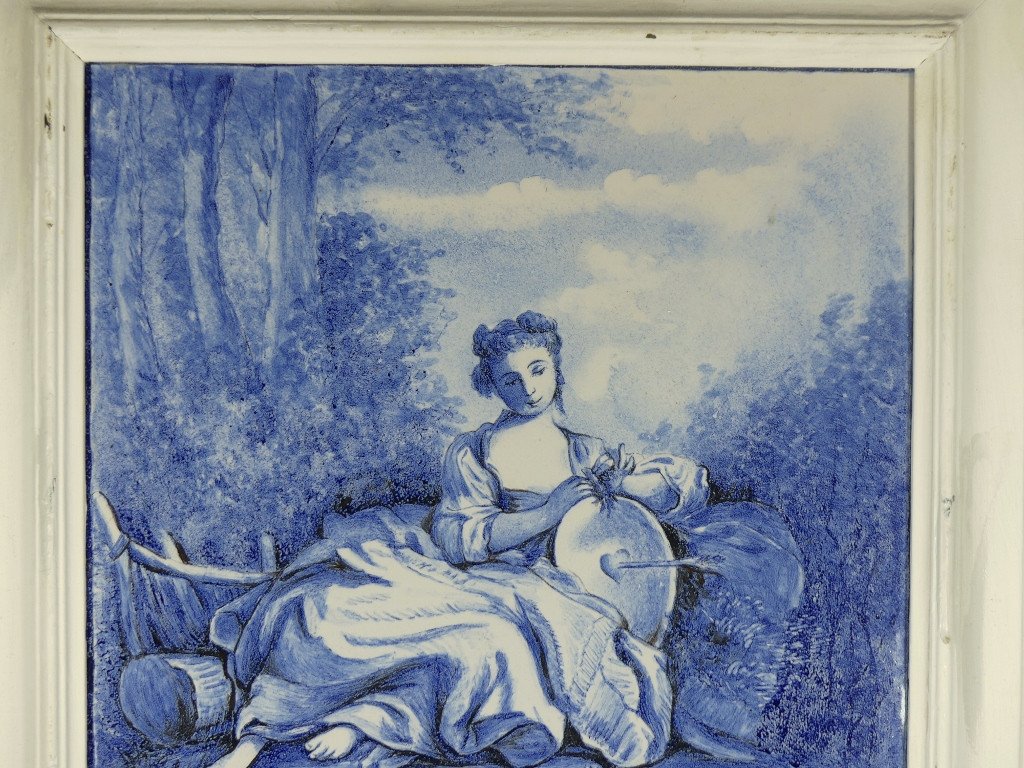 Blue And White Ceramic Painting After Boucher In The Style Of Delt Or Azulejos-photo-3