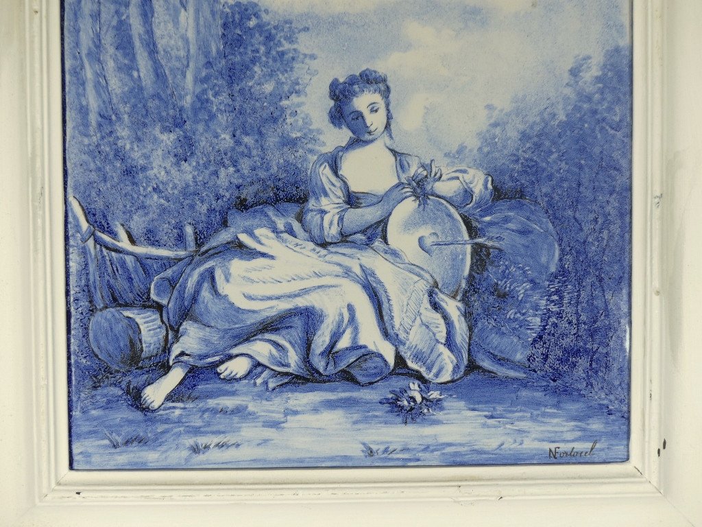 Blue And White Ceramic Painting After Boucher In The Style Of Delt Or Azulejos-photo-4