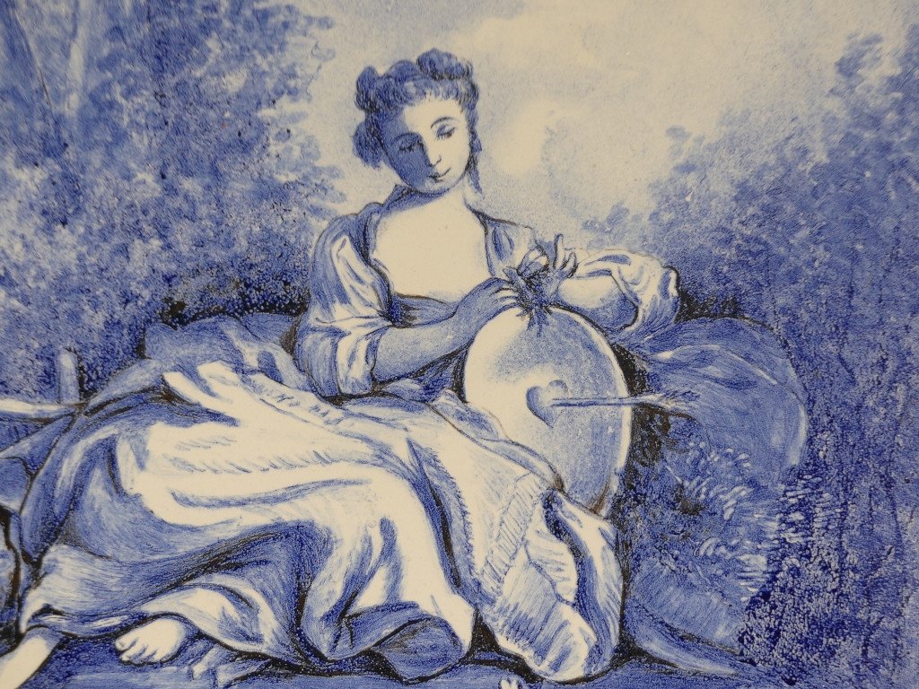 Blue And White Ceramic Painting After Boucher In The Style Of Delt Or Azulejos-photo-2