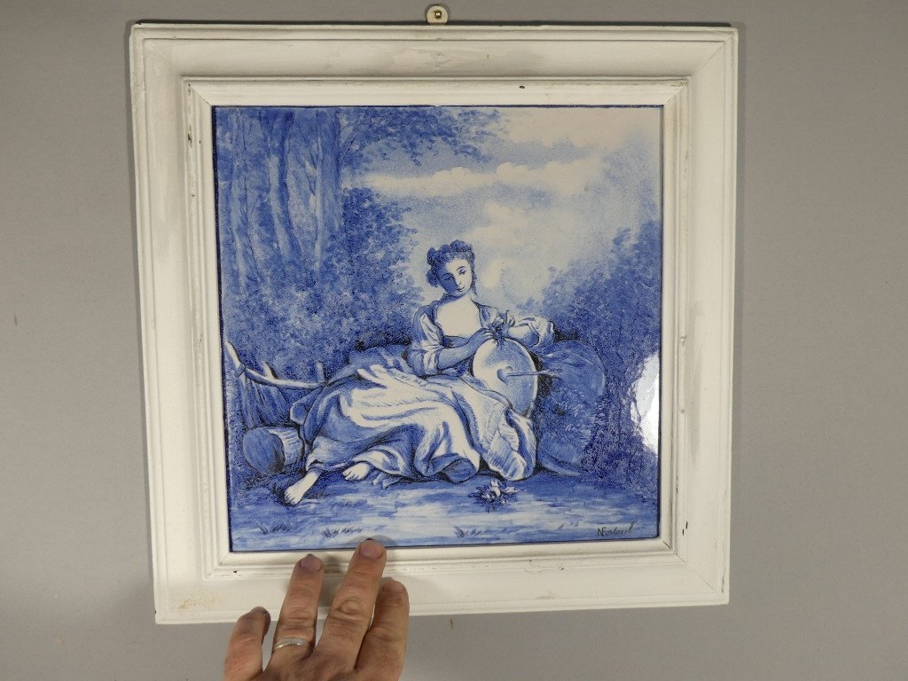 Blue And White Ceramic Painting After Boucher In The Style Of Delt Or Azulejos-photo-3