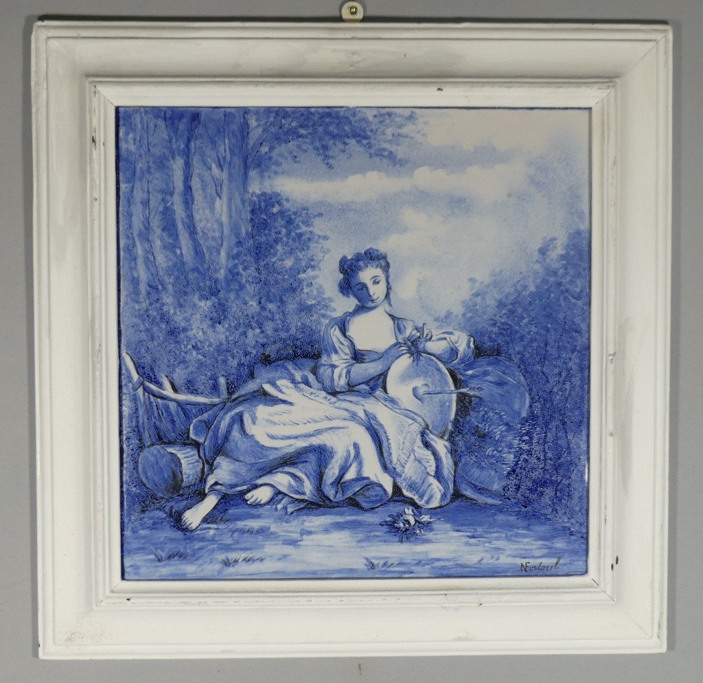 Blue And White Ceramic Painting After Boucher In The Style Of Delt Or Azulejos