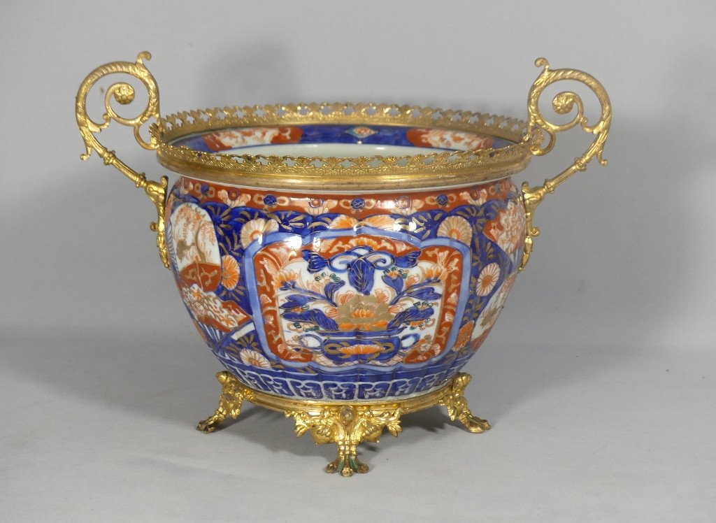 Imari Porcelain Planter With Gilt Bronze Frame, 19th Century-photo-2