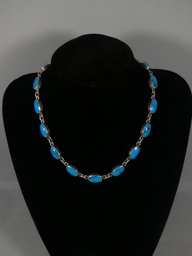 Vintage Solid Silver And Turquoise Necklace, 1980s-photo-3