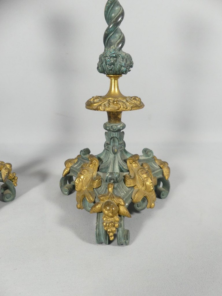 Pair Of Neo-renaissance Candlesticks In Gilt Bronze And Green Patina, 19th Century -photo-2