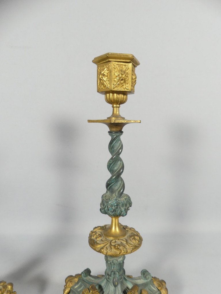 Pair Of Neo-renaissance Candlesticks In Gilt Bronze And Green Patina, 19th Century -photo-3