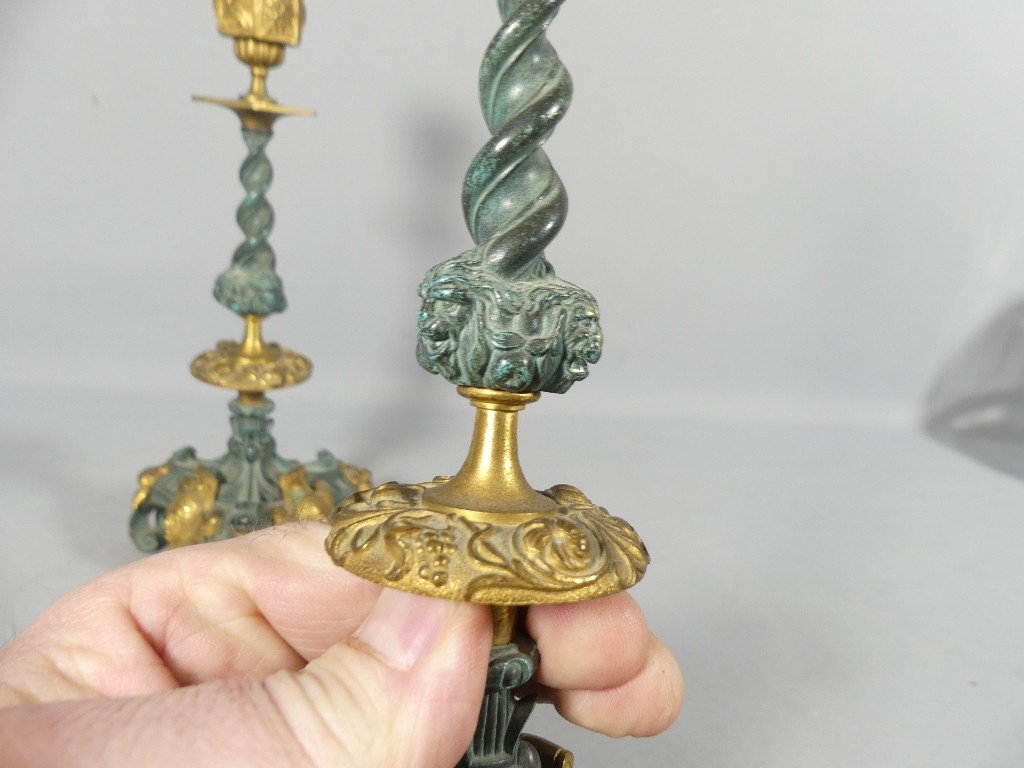 Pair Of Neo-renaissance Candlesticks In Gilt Bronze And Green Patina, 19th Century -photo-1