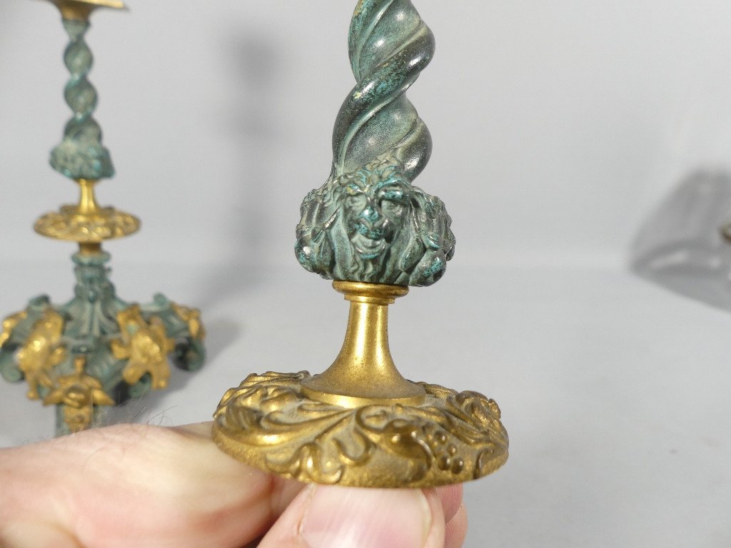 Pair Of Neo-renaissance Candlesticks In Gilt Bronze And Green Patina, 19th Century -photo-2