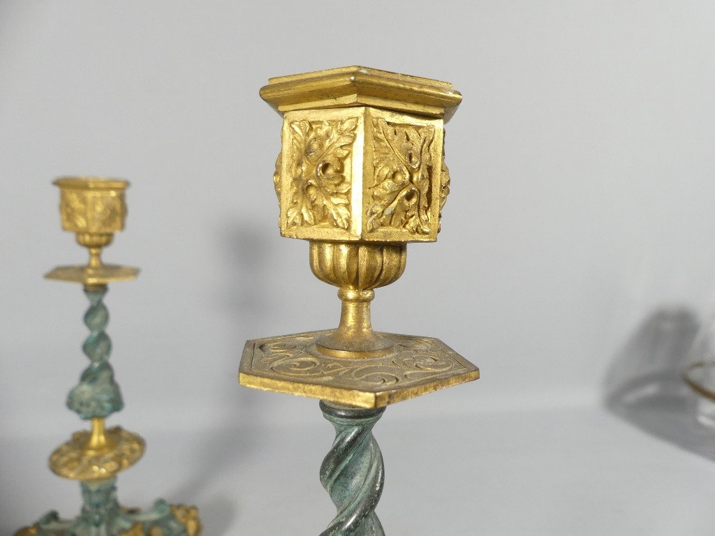 Pair Of Neo-renaissance Candlesticks In Gilt Bronze And Green Patina, 19th Century -photo-3