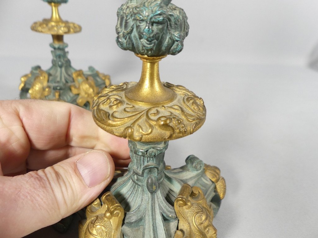 Pair Of Neo-renaissance Candlesticks In Gilt Bronze And Green Patina, 19th Century -photo-5