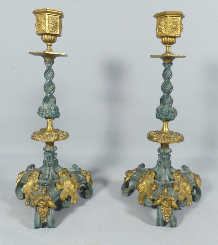 Pair Of Neo-renaissance Candlesticks In Gilt Bronze And Green Patina, 19th Century 