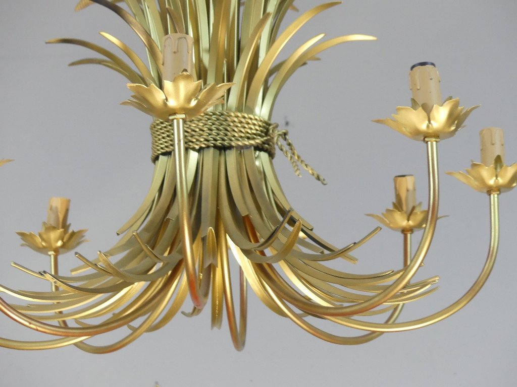 Giltes Metal 8-light Wheat Ear Chandelier, Coco Chanel Style, Circa 1980-photo-2