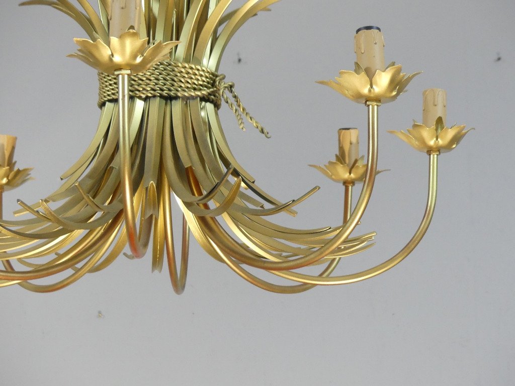 Giltes Metal 8-light Wheat Ear Chandelier, Coco Chanel Style, Circa 1980-photo-3