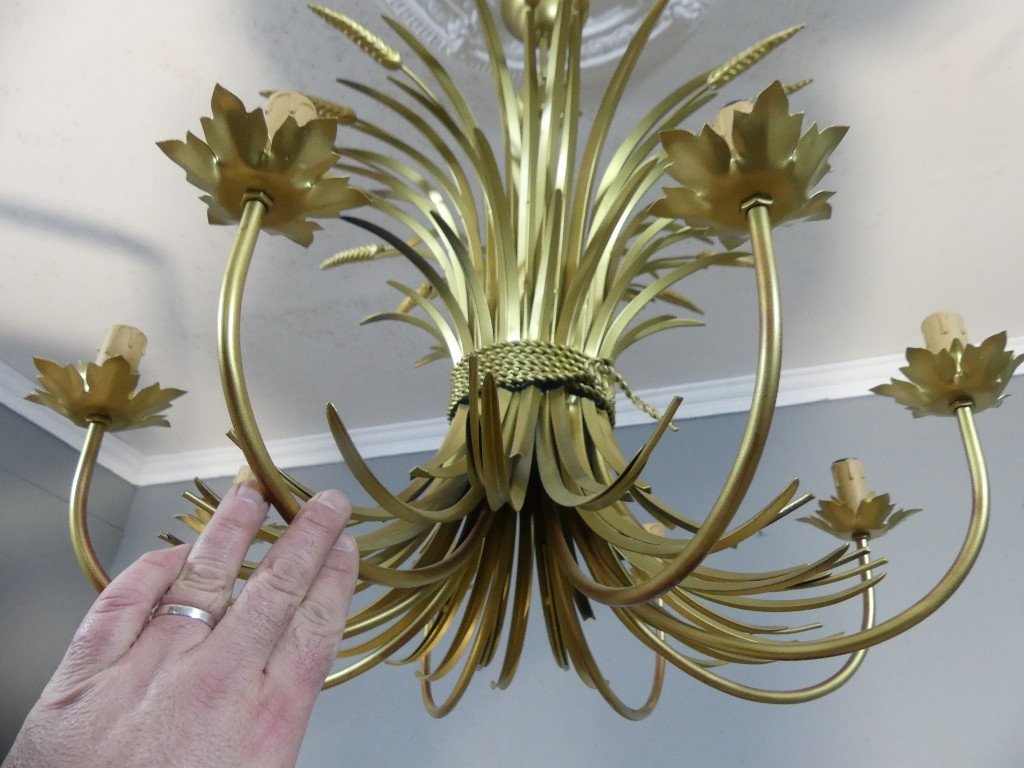 Giltes Metal 8-light Wheat Ear Chandelier, Coco Chanel Style, Circa 1980-photo-4