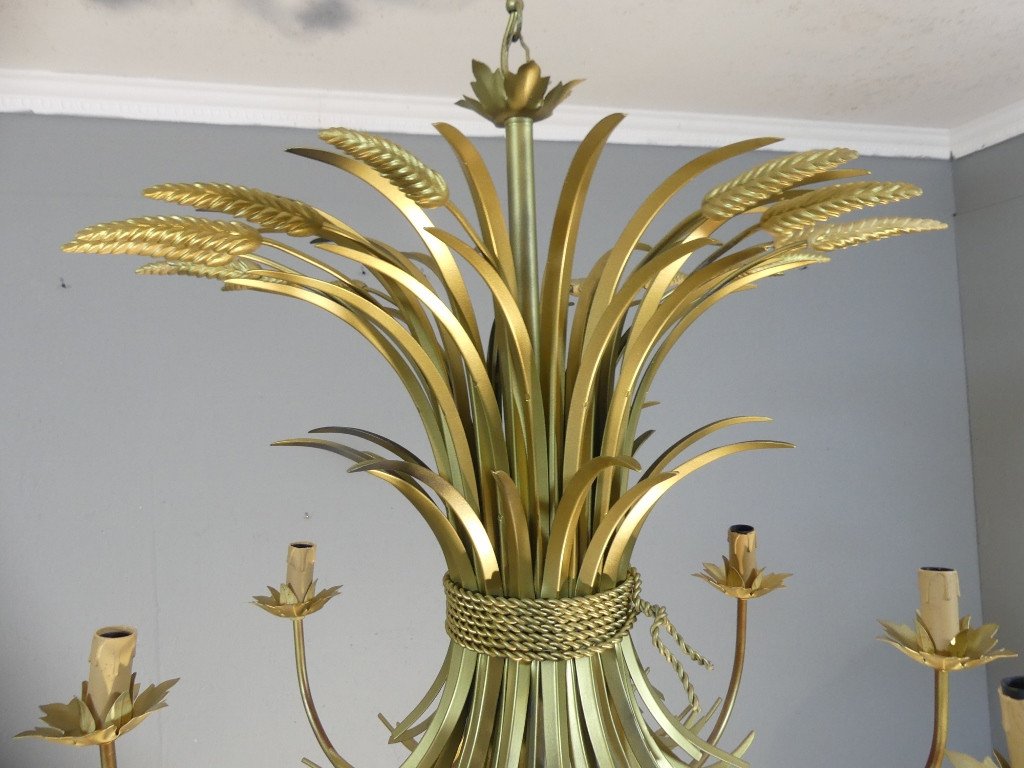 Giltes Metal 8-light Wheat Ear Chandelier, Coco Chanel Style, Circa 1980-photo-2