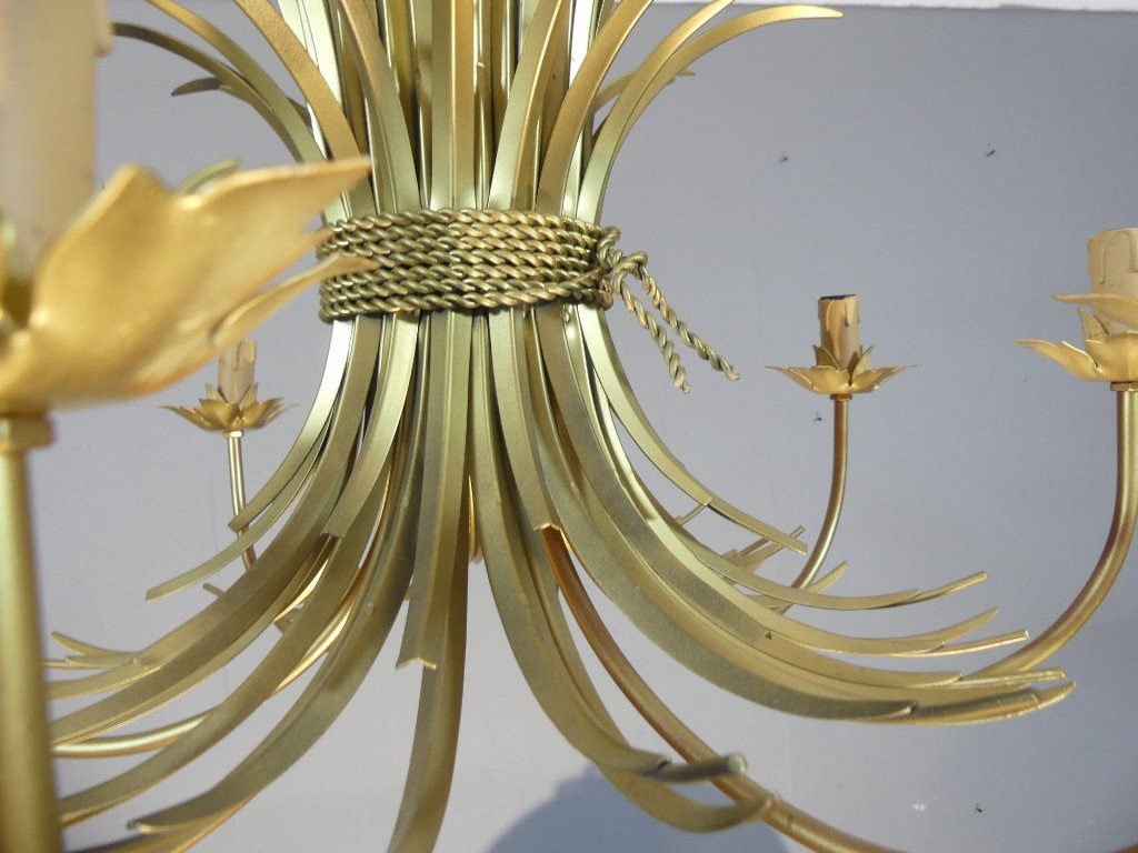 Giltes Metal 8-light Wheat Ear Chandelier, Coco Chanel Style, Circa 1980-photo-3