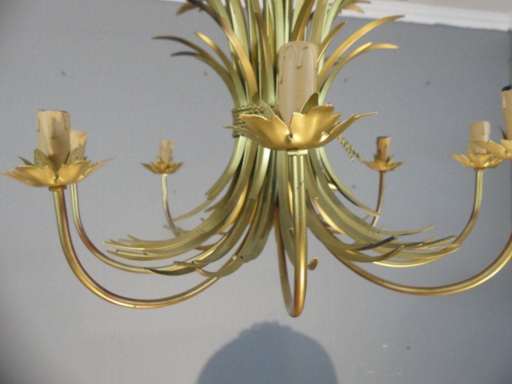 Giltes Metal 8-light Wheat Ear Chandelier, Coco Chanel Style, Circa 1980-photo-4