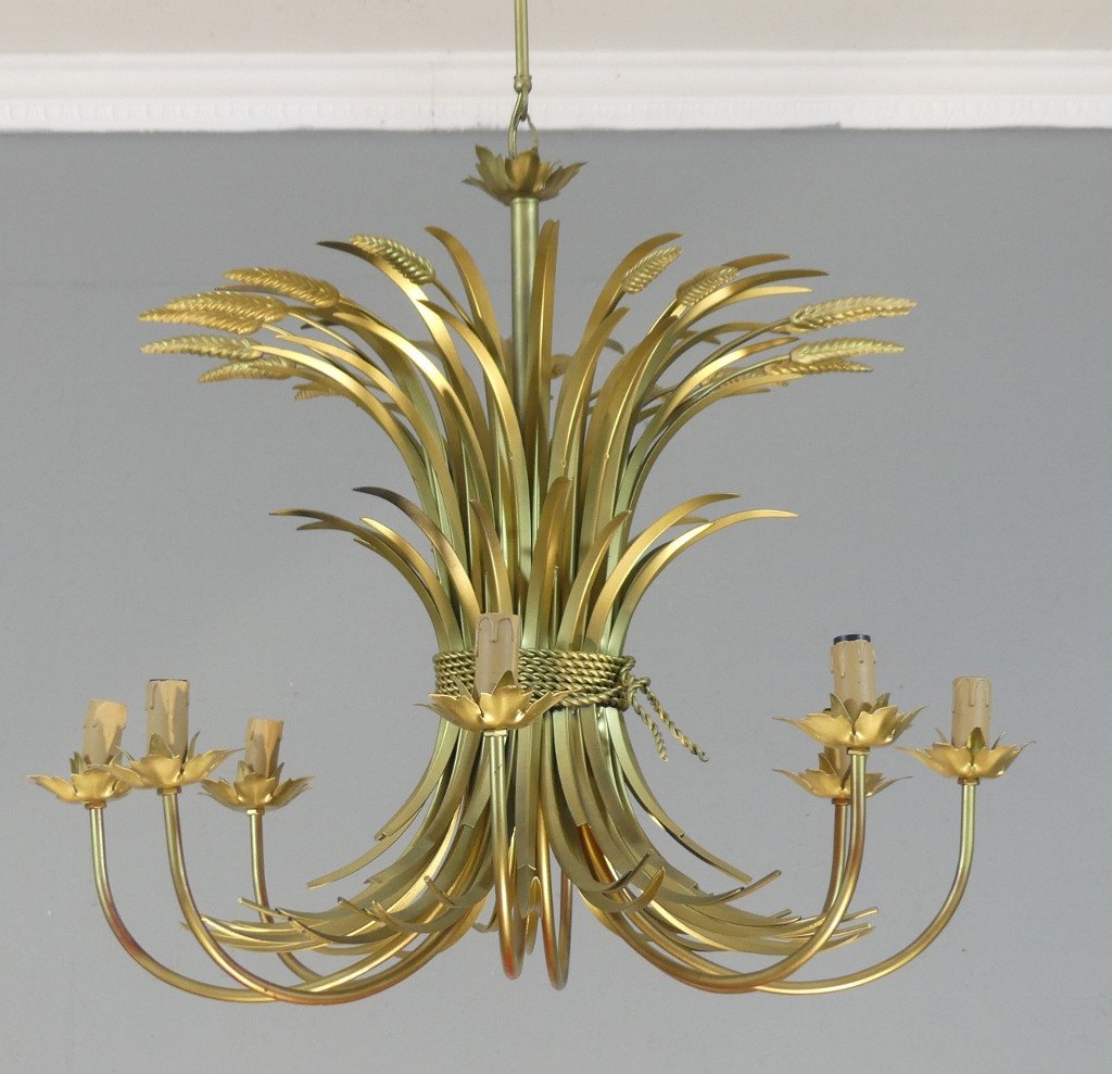 Giltes Metal 8-light Wheat Ear Chandelier, Coco Chanel Style, Circa 1980