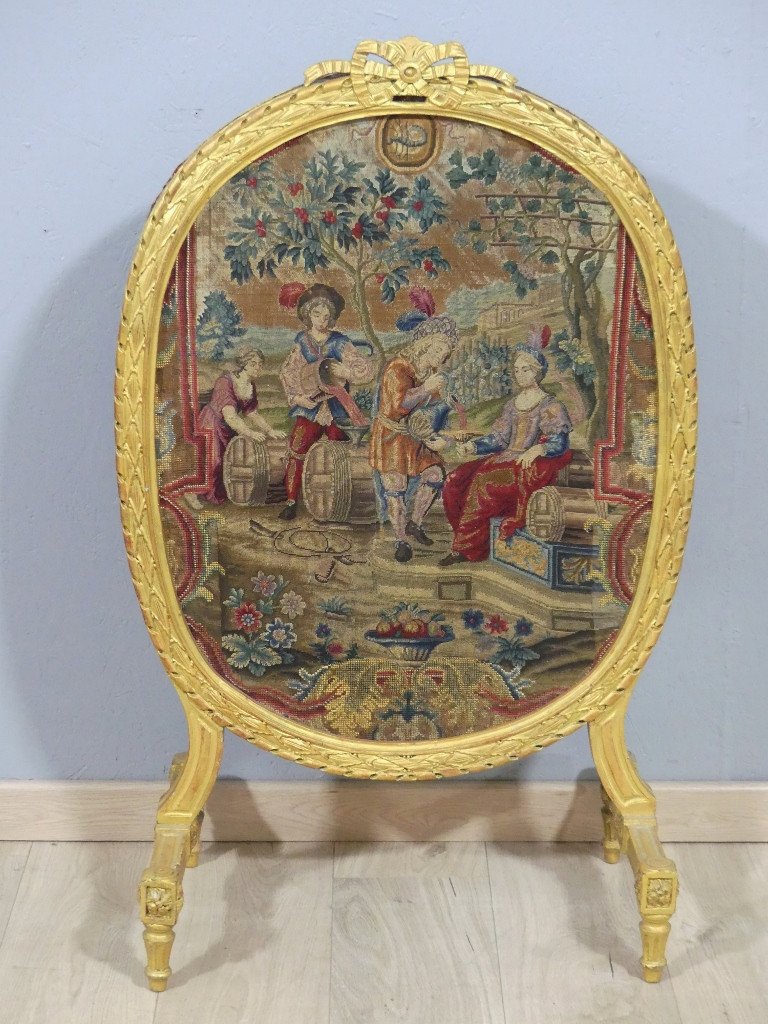 Louis XVI Fireplace Screen In Gilded Wood And Tapestry, 18th Century