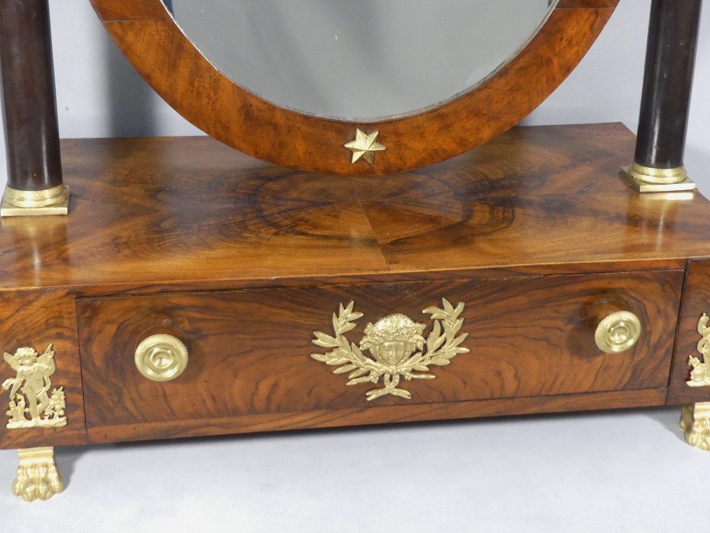 Empire Period Walnut And Gilt Bronze Table Psyche, Mirror, Dressing Table, Barber Shop, Early 19th Century-photo-4