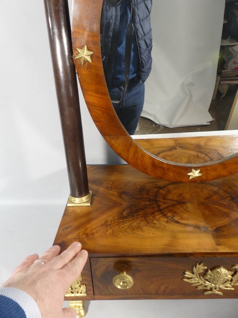 Empire Period Walnut And Gilt Bronze Table Psyche, Mirror, Dressing Table, Barber Shop, Early 19th Century-photo-7