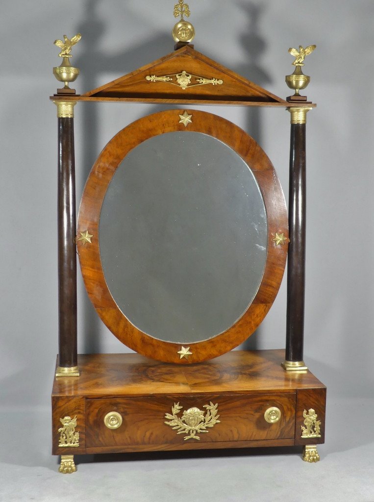 Psyché De Table d'époque Empire En Noyer Et Bronze Doré, Miroir, Coiffeuse, Barbière, Début XIX