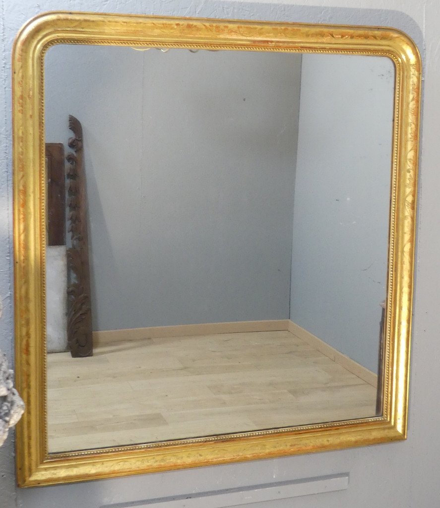  115 * 122 Cm Louis Philippe Mirror In Engraved Gilded Wood, Mercury Glass, 19th Century-photo-2