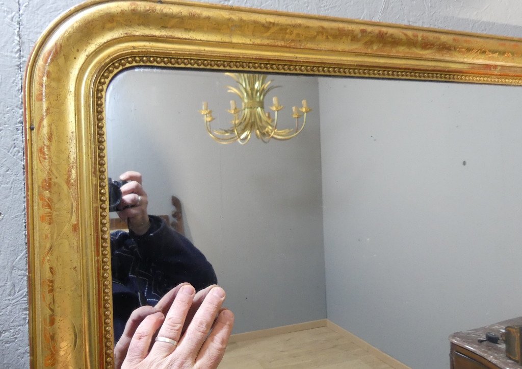  115 * 122 Cm Louis Philippe Mirror In Engraved Gilded Wood, Mercury Glass, 19th Century-photo-2