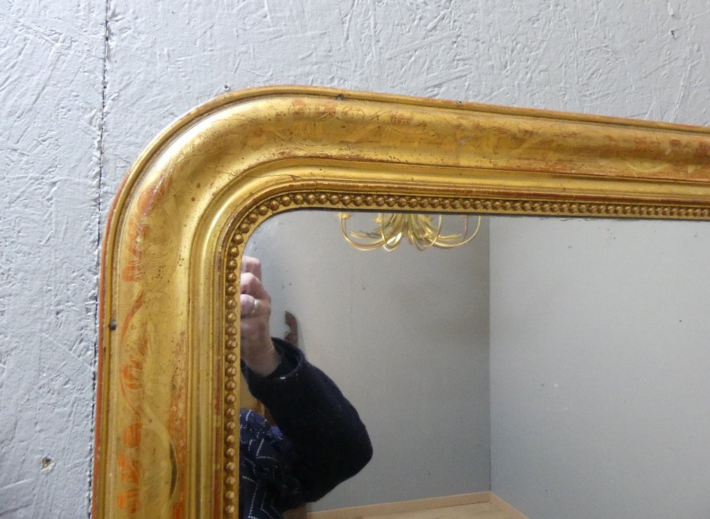  115 * 122 Cm Louis Philippe Mirror In Engraved Gilded Wood, Mercury Glass, 19th Century-photo-3