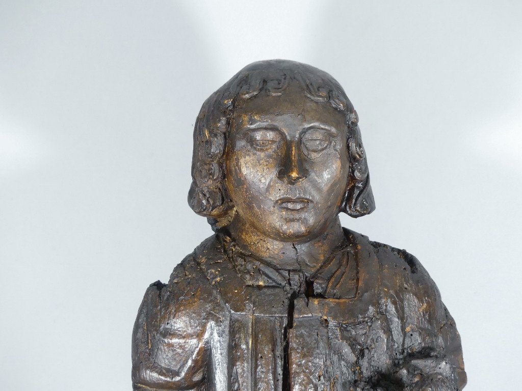 15th Century Sculpture, Saint Or Monk In Carved Oak Wood-photo-2