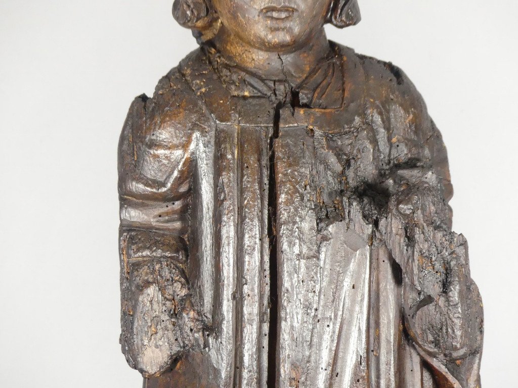 15th Century Sculpture, Saint Or Monk In Carved Oak Wood-photo-3