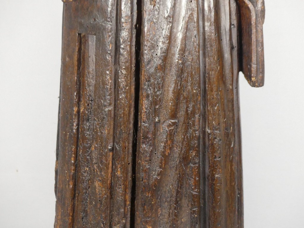 15th Century Sculpture, Saint Or Monk In Carved Oak Wood-photo-1