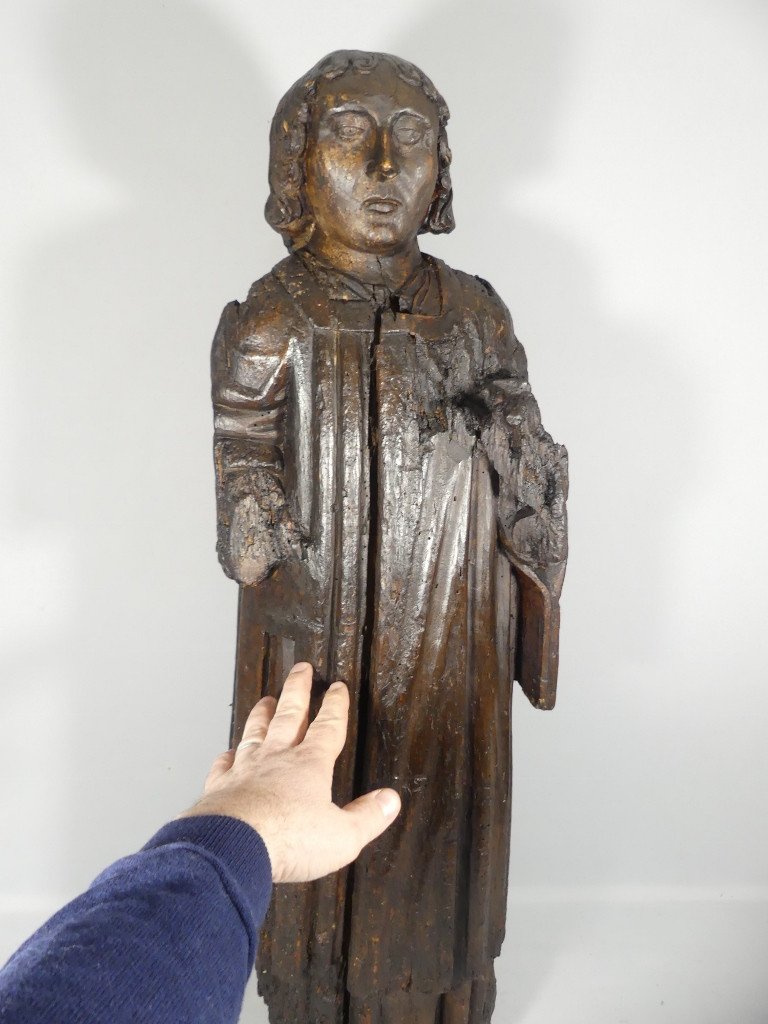 15th Century Sculpture, Saint Or Monk In Carved Oak Wood-photo-3