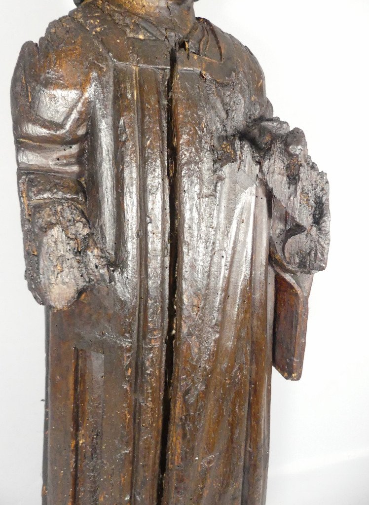 15th Century Sculpture, Saint Or Monk In Carved Oak Wood-photo-4