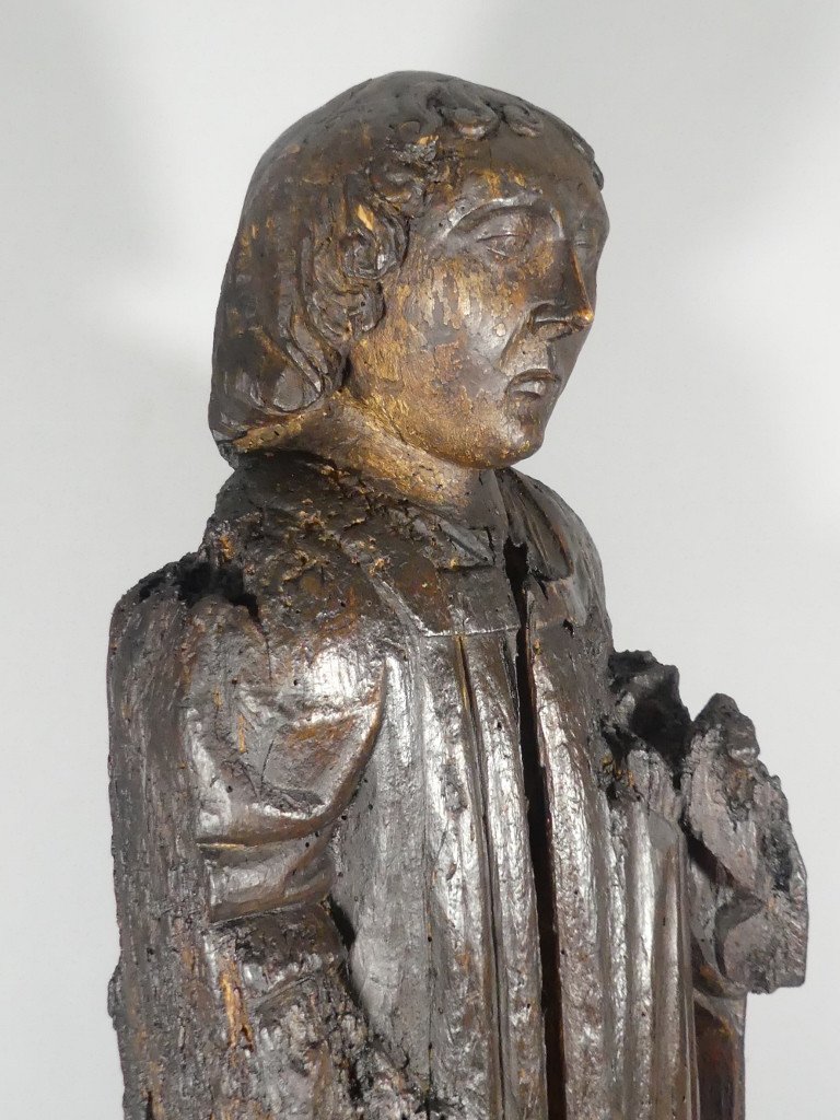 15th Century Sculpture, Saint Or Monk In Carved Oak Wood-photo-5