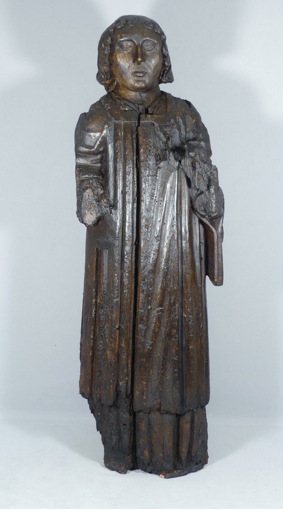 15th Century Sculpture, Saint Or Monk In Carved Oak Wood