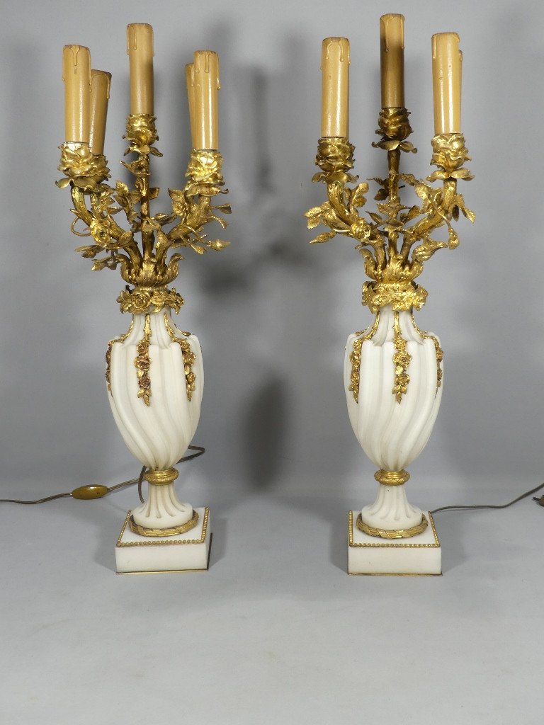 Pair Of Louis XVI Style Candelabra Lamps In Spiral White Marble And Bronze With Roses, 19th Century-photo-2