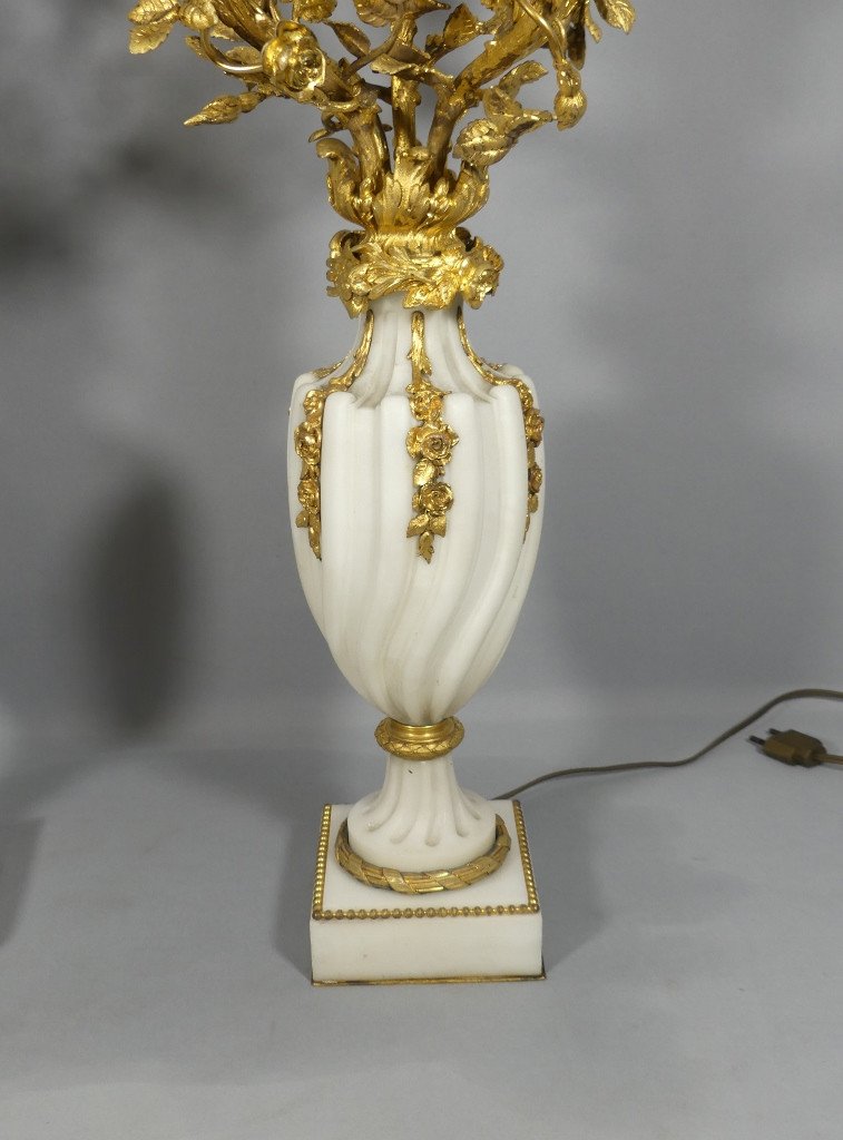 Pair Of Louis XVI Style Candelabra Lamps In Spiral White Marble And Bronze With Roses, 19th Century-photo-3